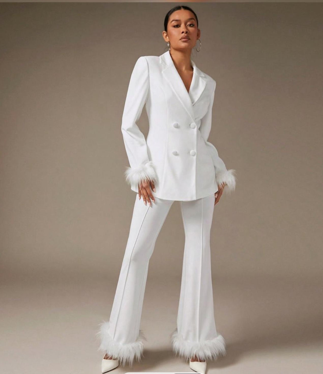 White Flare Pants with Feather Trim - Elegant Fashion Statement