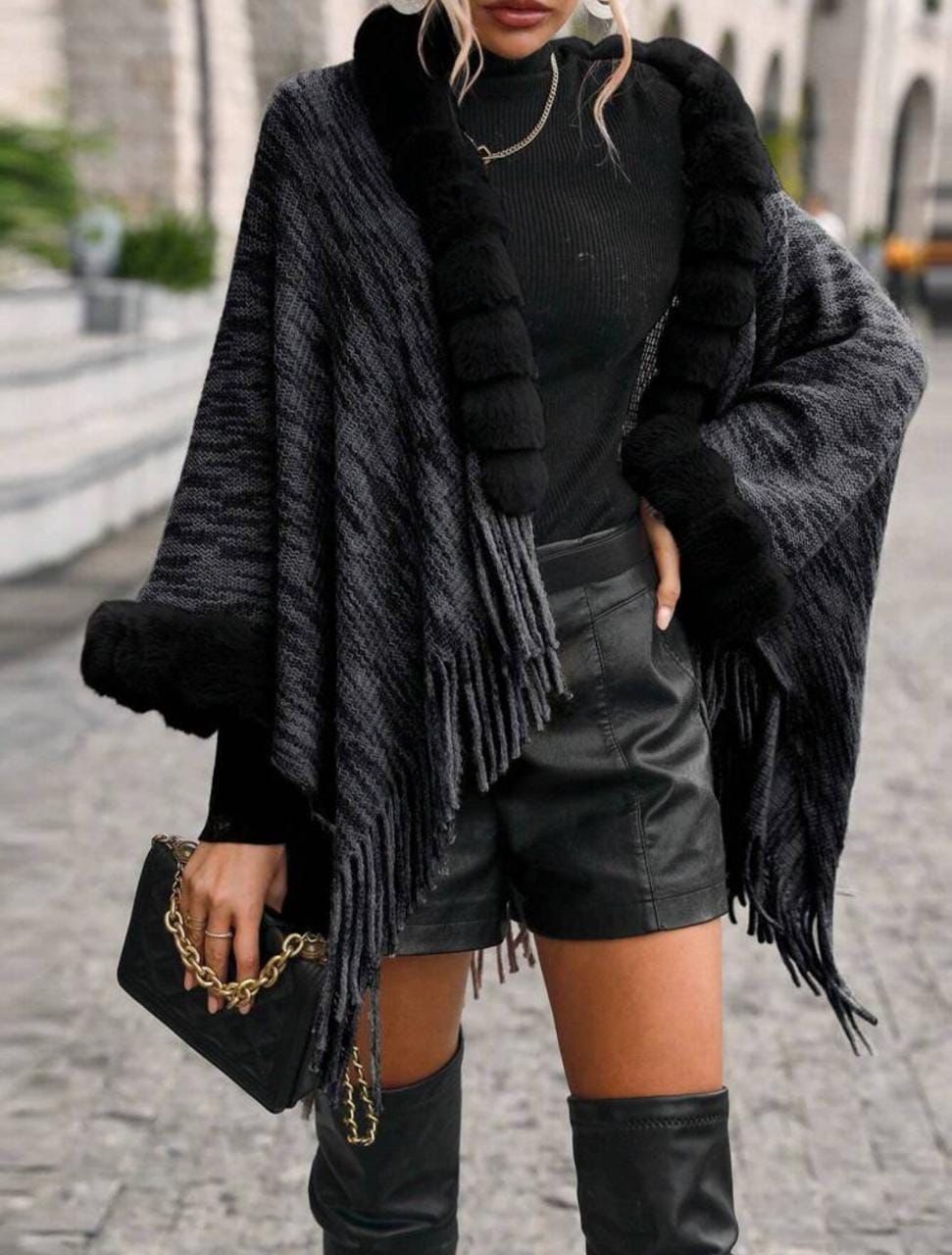 Fringe Hem Cardigan With Black Trim