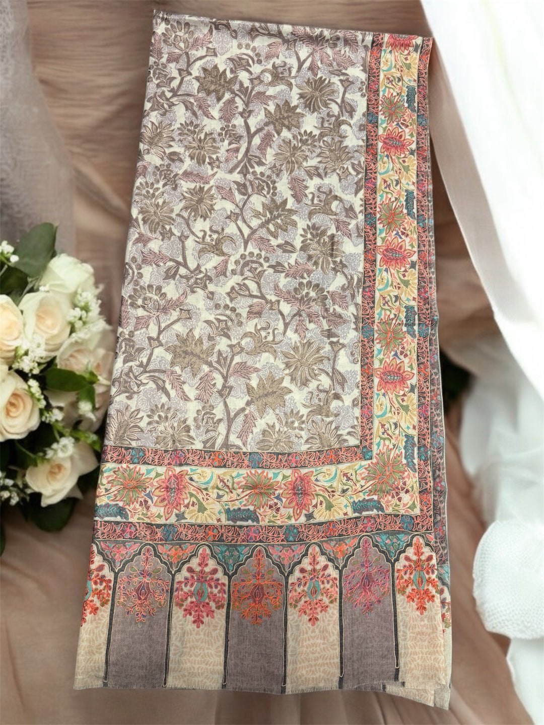 Antique Fawn Threadwork Cashmere Shawl