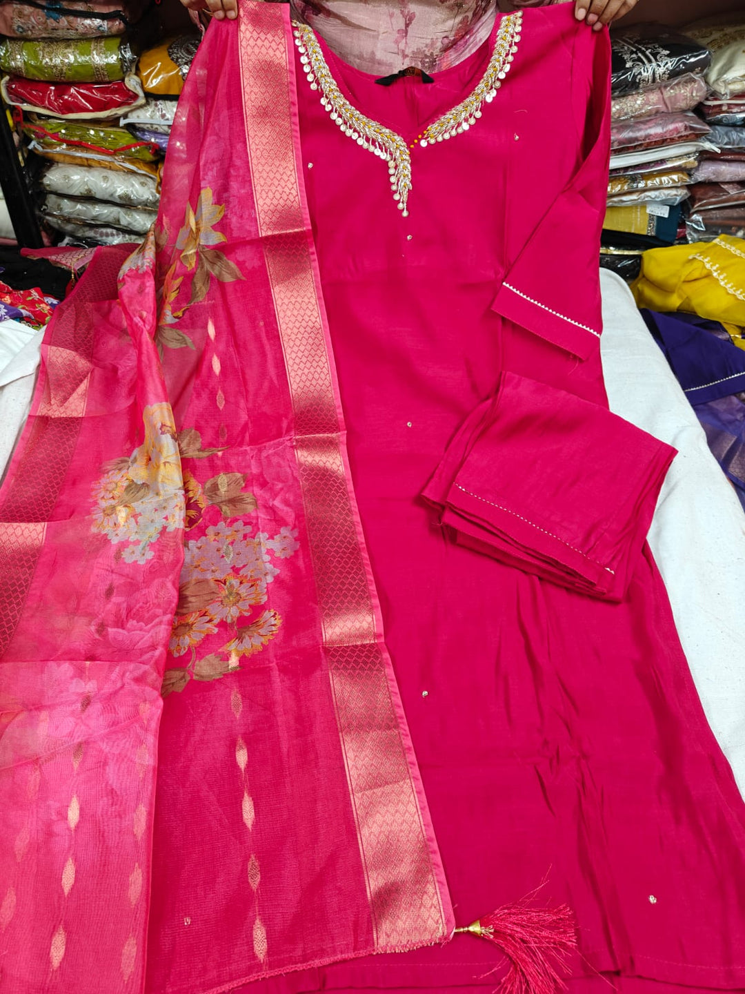 Pink Suit with Sequin Neckline & Organza Dupatta - Elegant Pink Outfit with Intricate Details