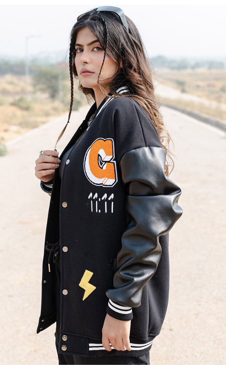 Typography Leather Bomber