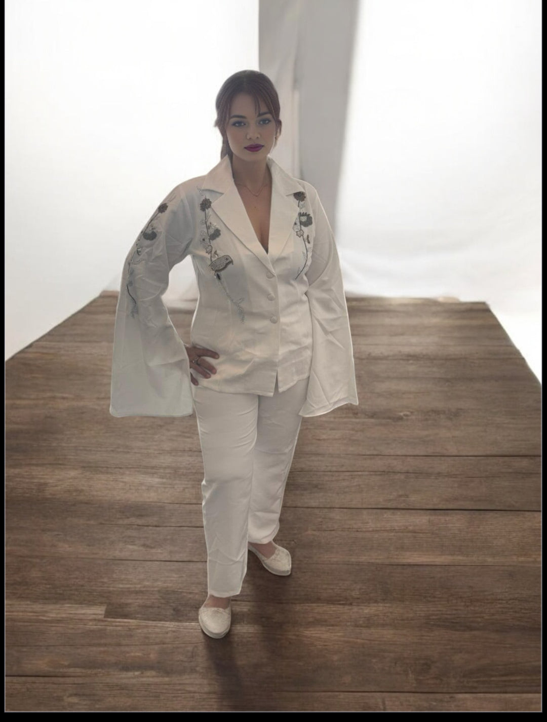Elegant White Blazer Set with Heavy Handwork, Cape Style & Intricate Embellishments