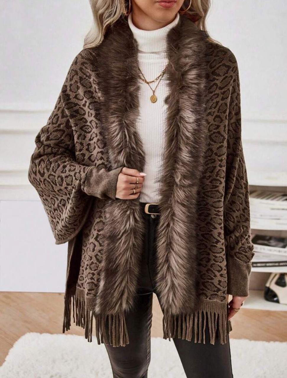 Leopard Print Fringe Batwing Sleeve Cardigan