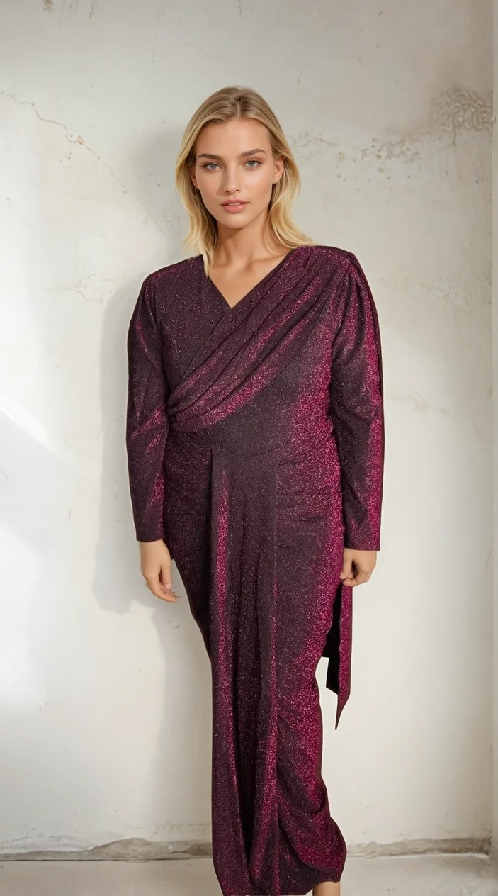 Shimmery Draped Saree in Black and Magenta