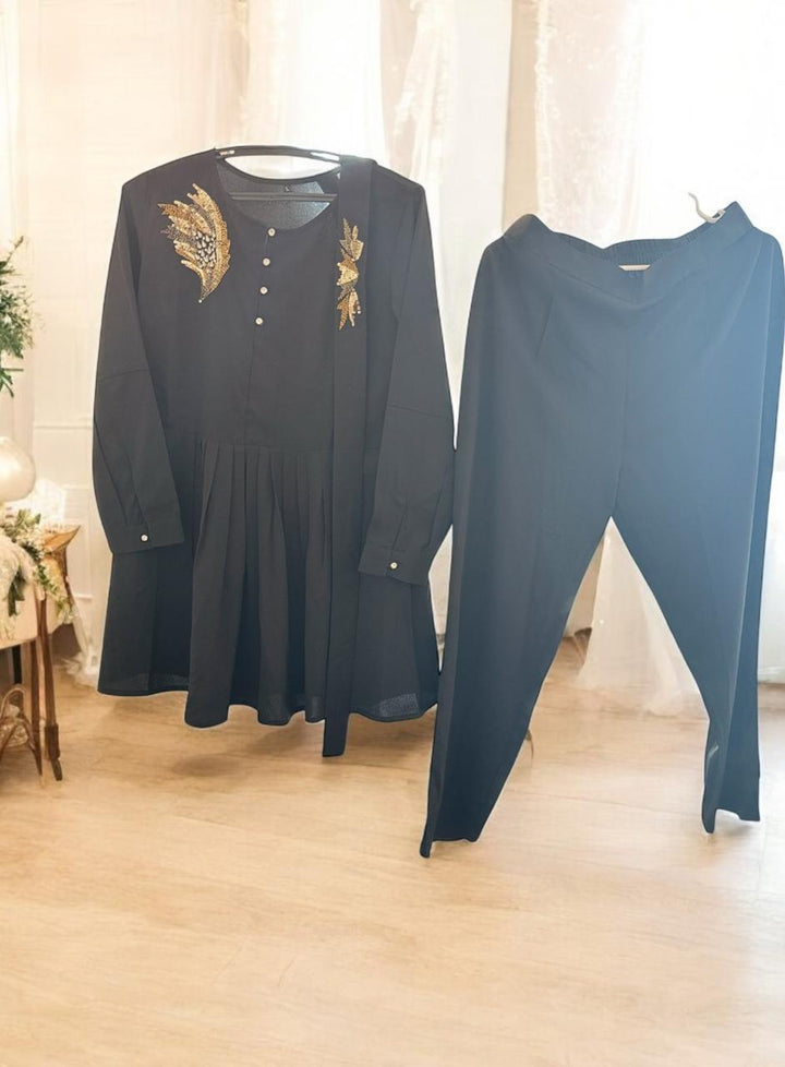 Black Embossed Cord Set with Belt - Luxury Designer Set for Date Nights & Events