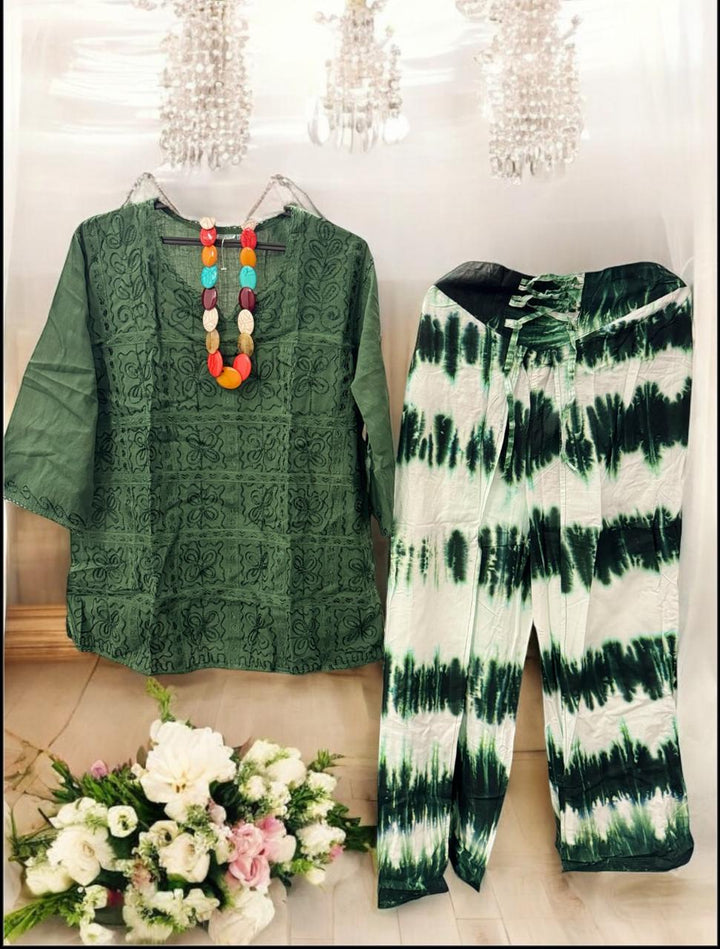 Green Chikankari Embroidered Kurti with Tie-Dye Trouser Set