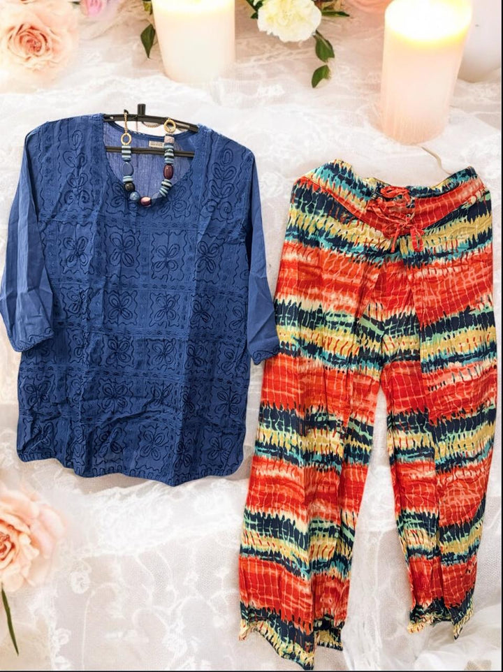 Chikankari Kurti With Tie And Die Trouser