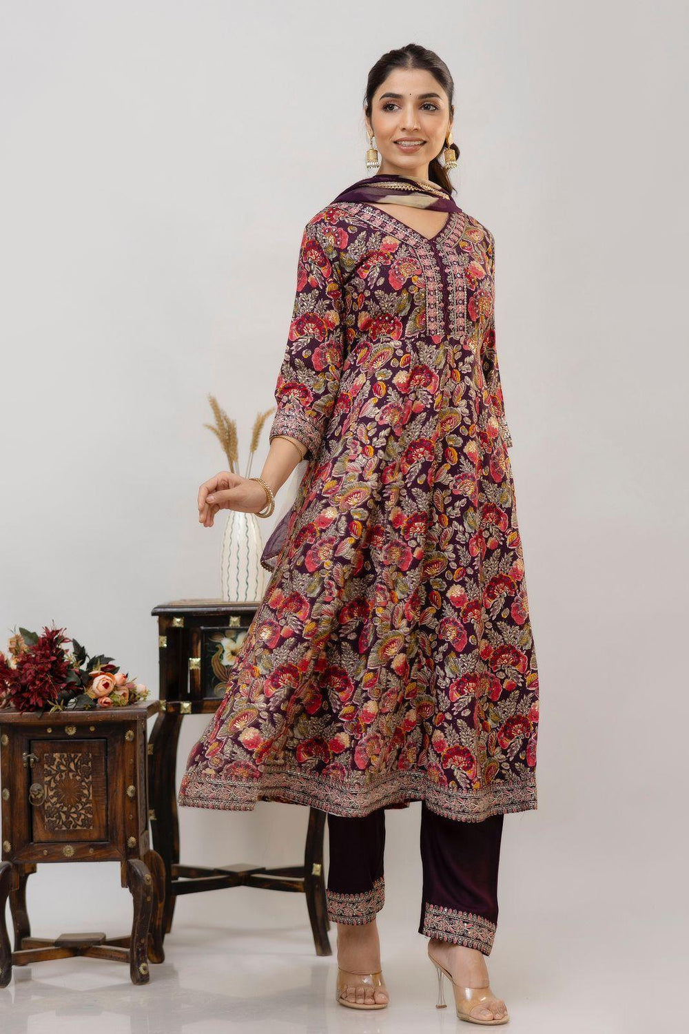 Anarkali Style Kurti Set With Dupatta - Fusion Wear