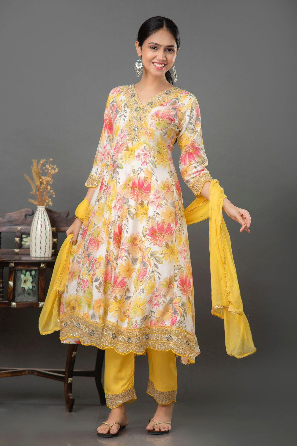Anarkali Style Yellow Floral Kurti Set - Fusion Wear
