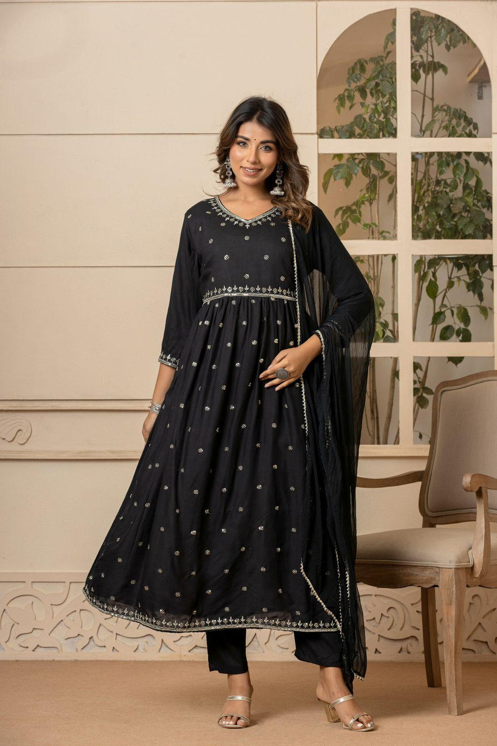Black Flared Anarkali Pant Set - Fusion Wear