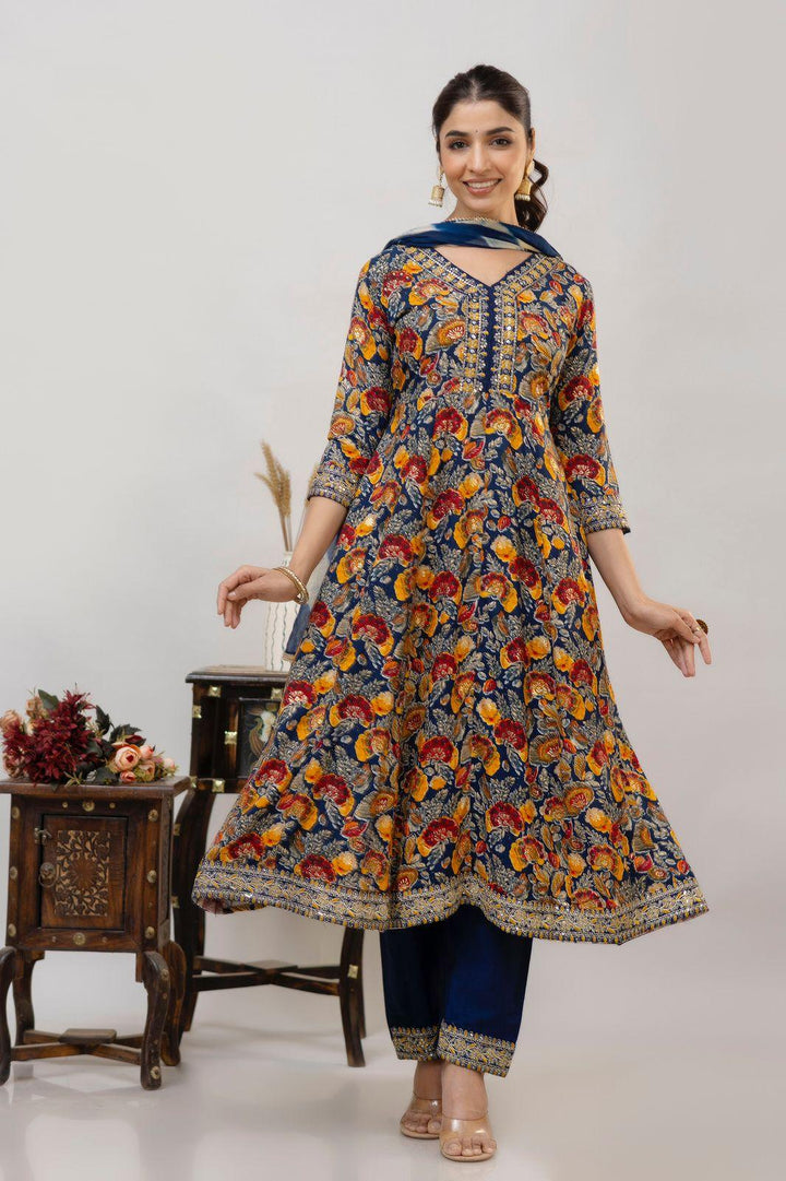 Blue Anarkali Kurti Set With Dupatta - Fusion Wear
