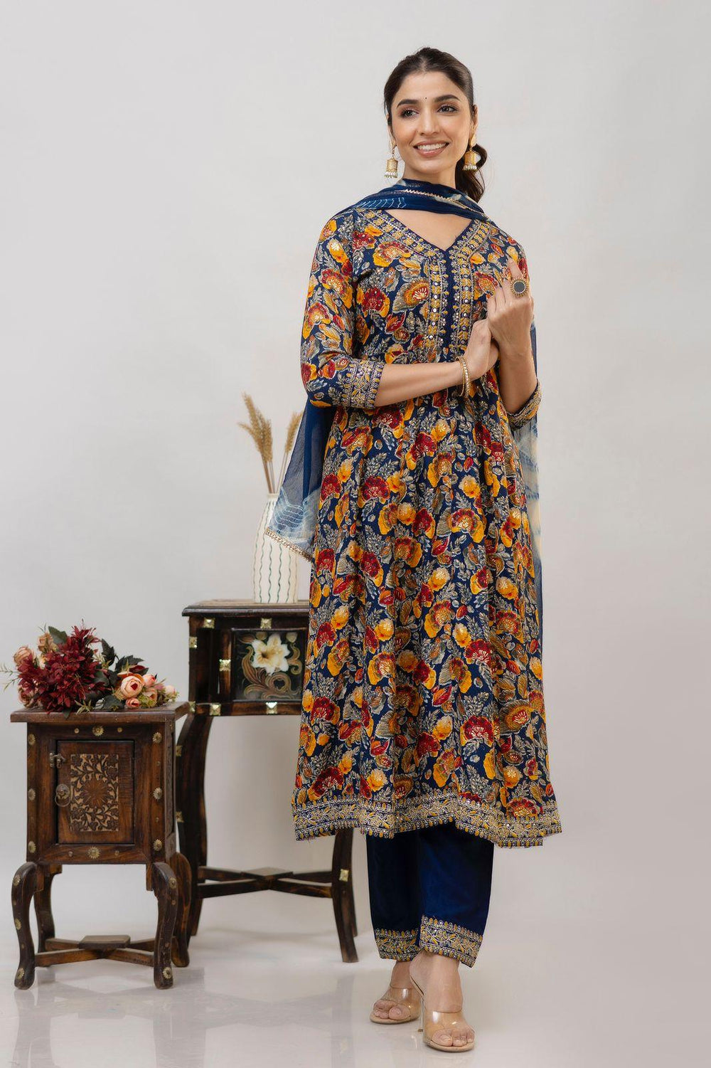 Blue Anarkali Kurti Set With Dupatta - Fusion Wear