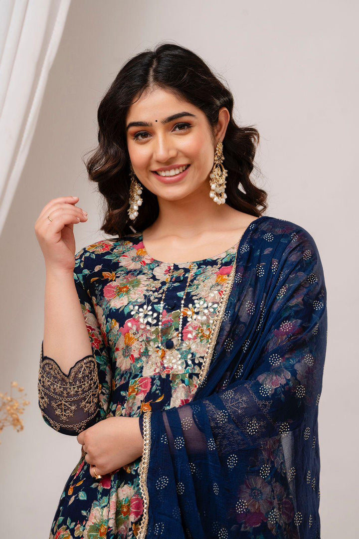 Blue Foil Print Kurti set - Fusion Wear