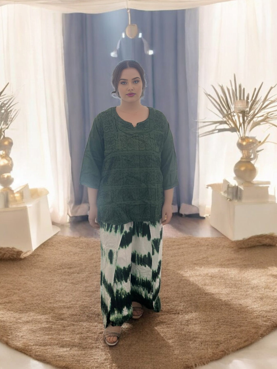 Green Chikankari Embroidered Kurti with Tie-Dye Trouser Set
