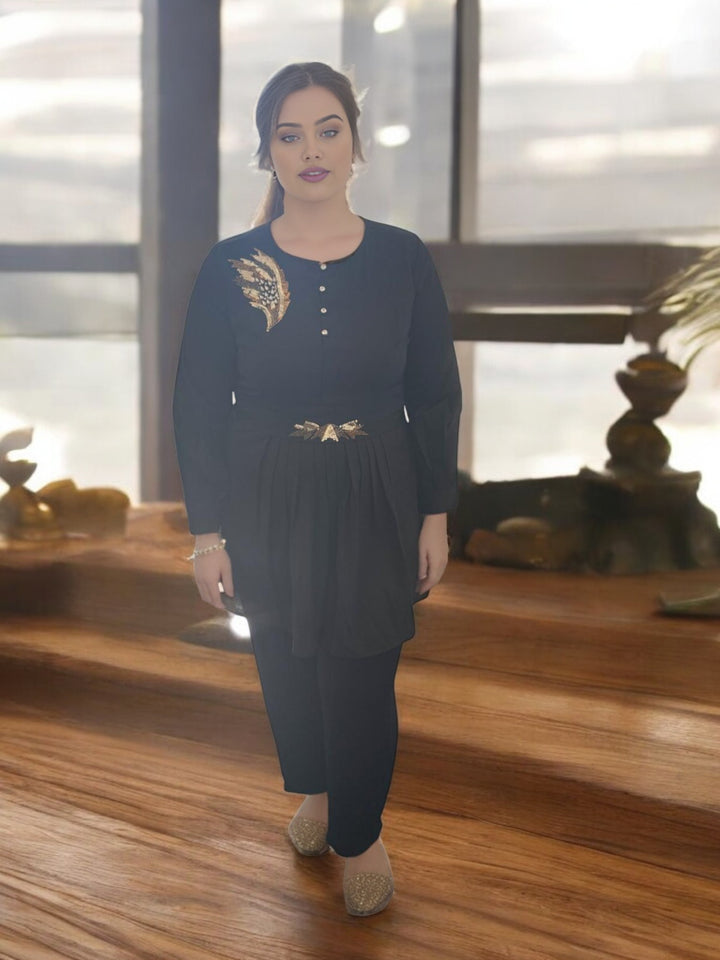 Black Embossed Cord Set with Belt - Luxury Designer Set for Date Nights & Events