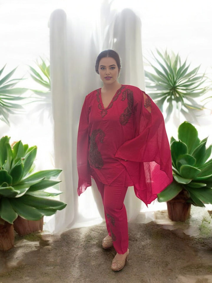 Pink Embroidered Kaftan Set with Ambi Design - V-Neck, Arm Cutouts - Ideal for Parties & Gatherings