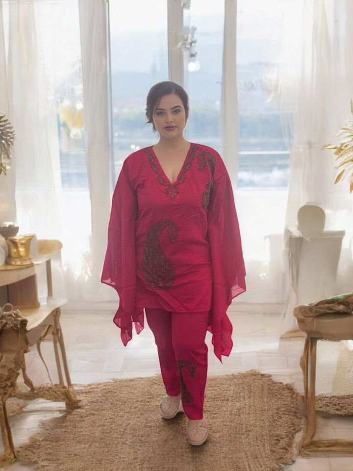 Pink Embroidered Kaftan Set with Ambi Design - V-Neck, Arm Cutouts - Ideal for Parties & Gatherings