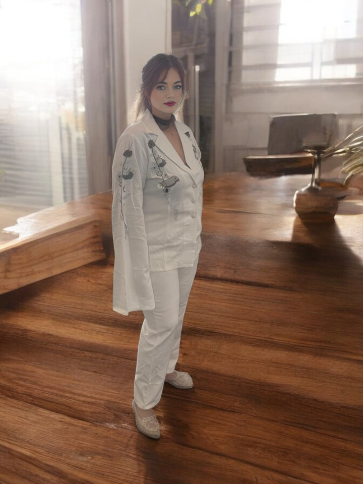 Elegant White Blazer Set with Heavy Handwork, Cape Style & Intricate Embellishments