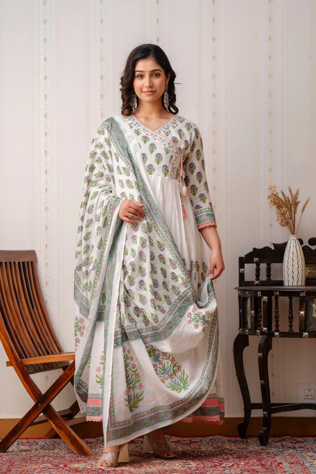 White Flared Angrakha Style - Fusion Wear