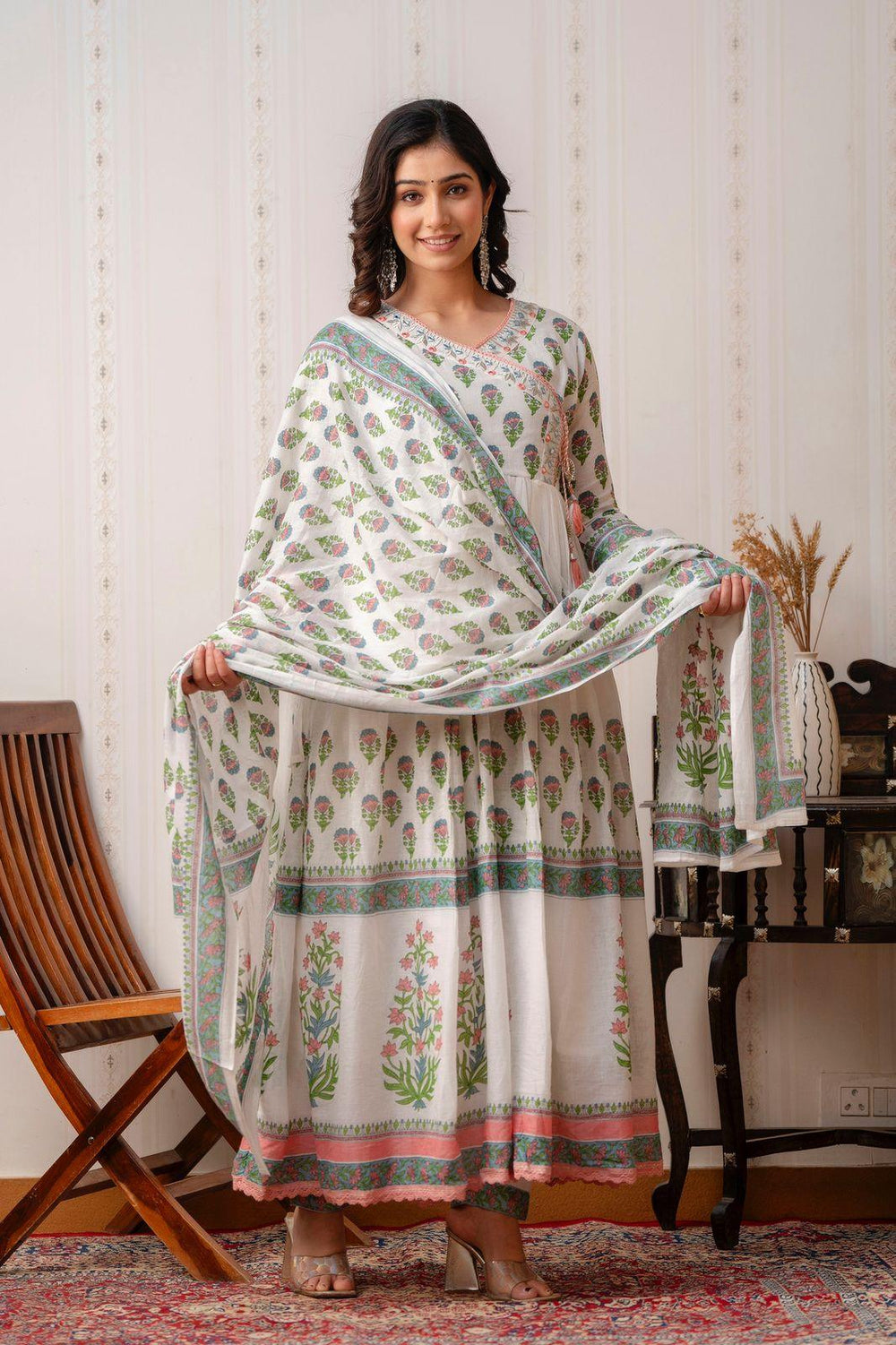 White Flared Angrakha Style - Fusion Wear