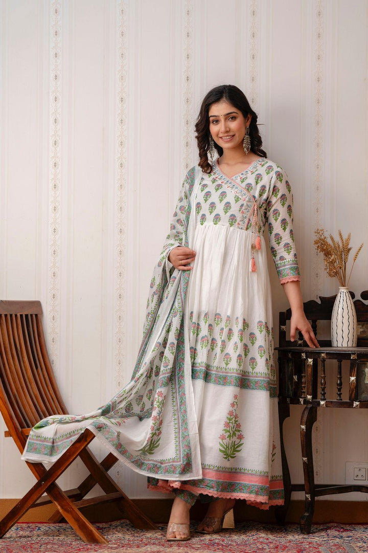 White Flared Angrakha Style - Fusion Wear